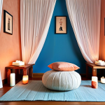 Serene Meditation Space**

A tranquil meditation room with soft blue walls, natural wood accents, and a small zen garden. Diffused lighting from candles and a Himalayan salt lamp. A comfortable meditation cushion and a flowing white curtain add to the peaceful ambiance.

**