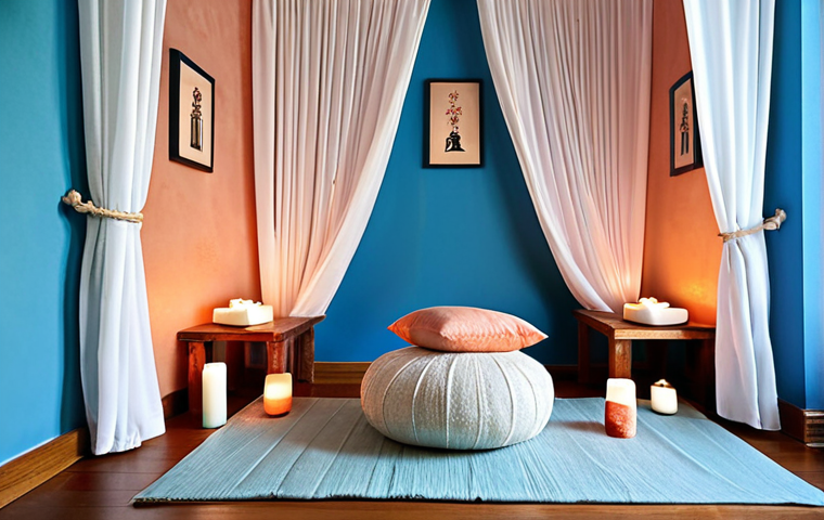Serene Meditation Space**

A tranquil meditation room with soft blue walls, natural wood accents, and a small zen garden. Diffused lighting from candles and a Himalayan salt lamp. A comfortable meditation cushion and a flowing white curtain add to the peaceful ambiance.

**